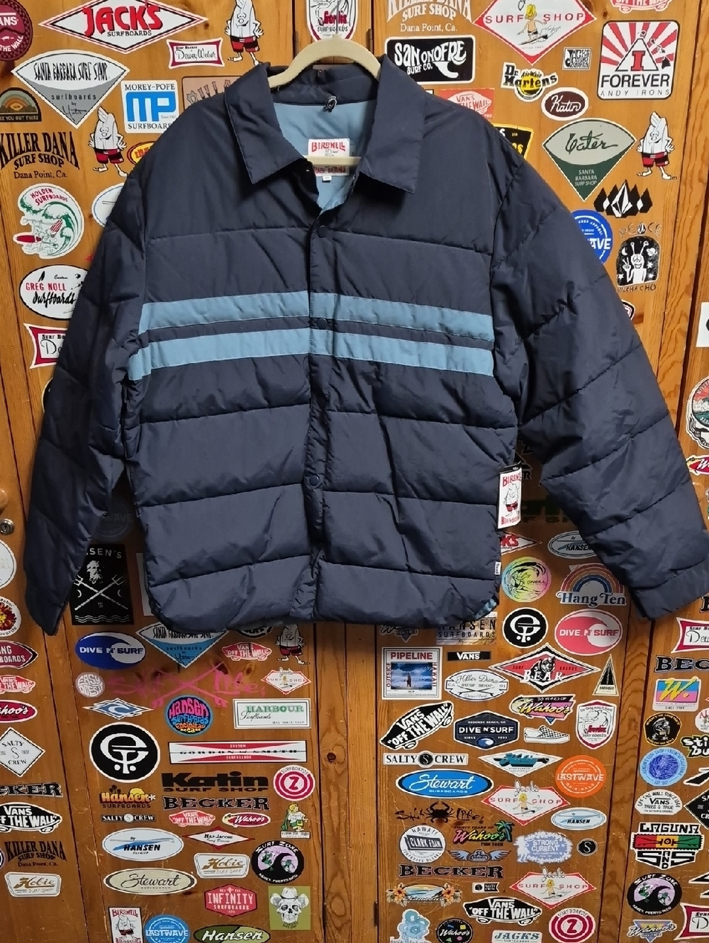 Birdwell Beach Britchex Puffer Jacket with Light Blue Stripes XL